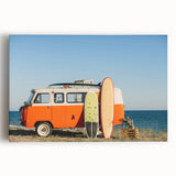 Black and white photograph of a caravan on stretched canvas, ideal for kitchen wall art.