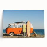 Black and white print of a caravan on stretched canvas, ideal for kitchen wall art or bedroom decor.