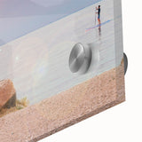 Large abstract wall art featuring a mid-century modernist caravan design in vibrant colors on acrylic glass.