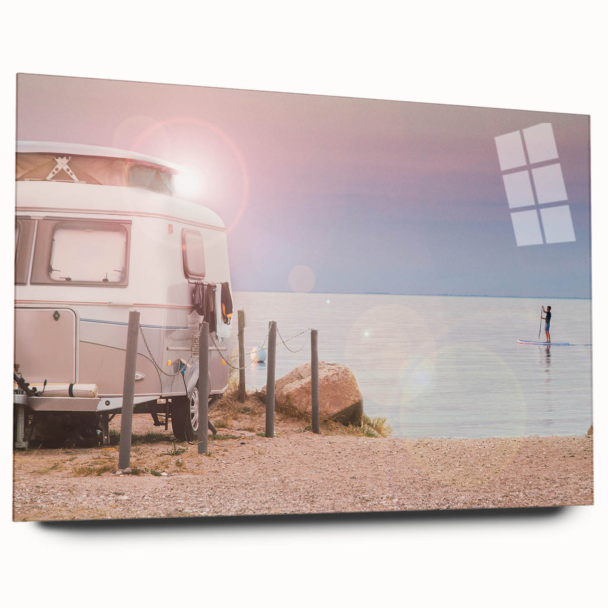 Side view of a large abstract caravan print on acrylic glass, featuring earthy tones, ideal for bedroom or dining room art.
