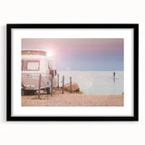 Extra large abstract art print of a colorful caravan on textured canvas, framed in black, ideal for living room decor.