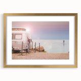 Textured abstract art print of a caravan in muted earth tones, framed in gold, ideal for bedroom art.