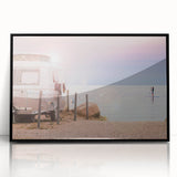 Large abstract wall art featuring a caravan in mid-century modernist style with muted earth tones on black framed acrylic.
