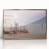 Art deco poster of a vintage caravan in silver and gray tones, acrylic framed, suitable for nursery wall decor.