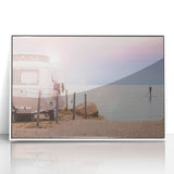 Mid-century modernist style caravan depicted in vibrant colors on a white framed acrylic, suitable for nursery wall art.