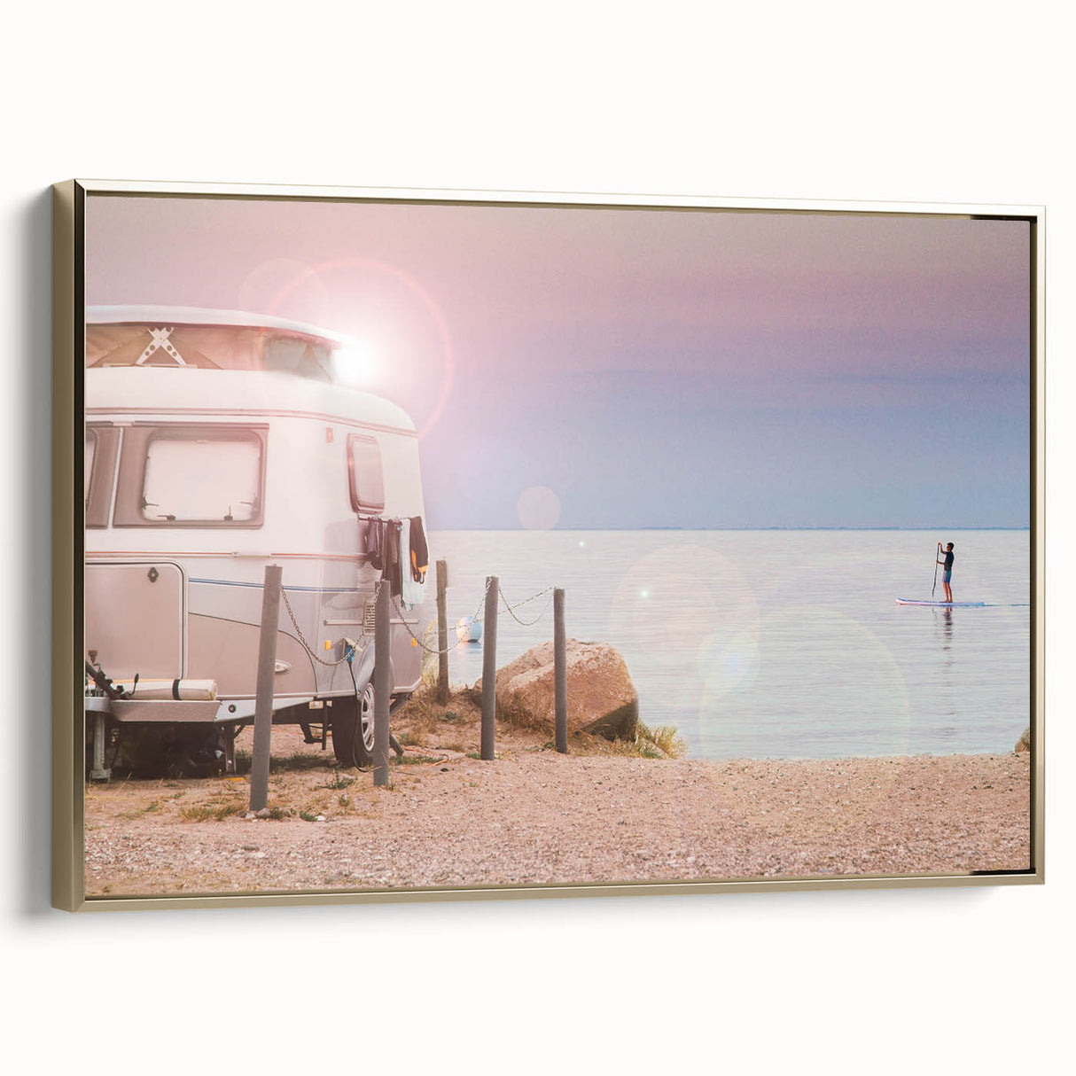 Framed canvas of a vintage caravan in a desert landscape, rendered in black with colorful accents.