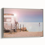 Vintage poster art of a caravan in vibrant colors on a black background, framed canvas, ideal for living room decor.