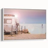 Framed canvas featuring a vintage caravan in a landscape, rendered in black and white tones, suited for bedroom decor.