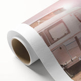 Art deco style caravan illustration in pastel shades on rolled canvas, suitable for nursery wall art.