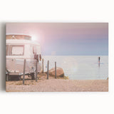 Black and white stretched canvas featuring a vintage caravan, ideal for kitchen wall art.