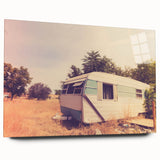 Large abstract wall art featuring a colorful caravan design on acrylic glass, ideal for modern bedroom or dining room decor.