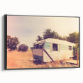 Black and white vintage poster art of a caravan landscape on a framed canvas, ideal for bedroom wall decor.