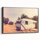 Black and white vintage poster art of a caravan landscape on a framed canvas, ideal for bedroom wall decor.