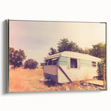 Vintage poster art of a colorful caravan on a black background, framed canvas, ideal for living room decor.