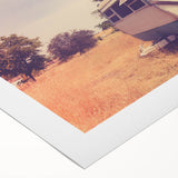 Art deco poster featuring a vintage caravan in muted earth tones on rolled canvas, ideal for dining room decor.