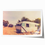 Extra large rolled print depicting a vintage caravan in muted earth tones, suitable for art wall dining room.
