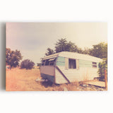 Black and white stretched canvas featuring a vintage caravan, ideal for kitchen wall art.