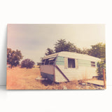 Black and white image of a caravan on stretched canvas, suitable as large kitchen wall art or for a bedroom.