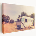 Side view of a vintage caravan in muted pastel colors on stretched canvas, suitable for kitchen wall art.