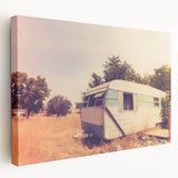 Side view of a vintage caravan in muted pastel colors on stretched canvas, suitable for kitchen wall art.