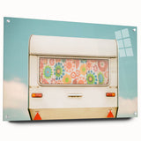 Side view of a caravan depicted in muted earth tones on acrylic glass, suitable for dining room decor.