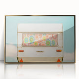 Mid-century modernist art depicting a caravan in muted gold and brown tones on a framed acrylic, ideal for nursery wall art.