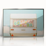 Art deco poster of a vintage caravan in silver and black tones, acrylic print in silver frame, ideal for nursery wall art.