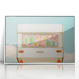 Mid-century modernist style caravan print in soft pastel hues, framed in white acrylic, suitable for nursery wall art.