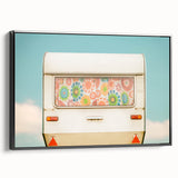 Black and white framed canvas featuring a vintage side view of a caravan, ideal for bedroom wall decor.