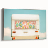 Vintage poster art of a colorful caravan on a black background, framed canvas, suitable for extra large living room wall.