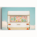 Black and white photo of a vintage caravan on stretched canvas, ideal for kitchen wall art.