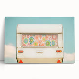 Black and white photo of a vintage caravan on stretched canvas, ideal for kitchen wall art or bedroom ambiance.