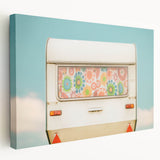 Side view of a vintage caravan on stretched canvas in muted earth tones, suitable for kitchen wall art.