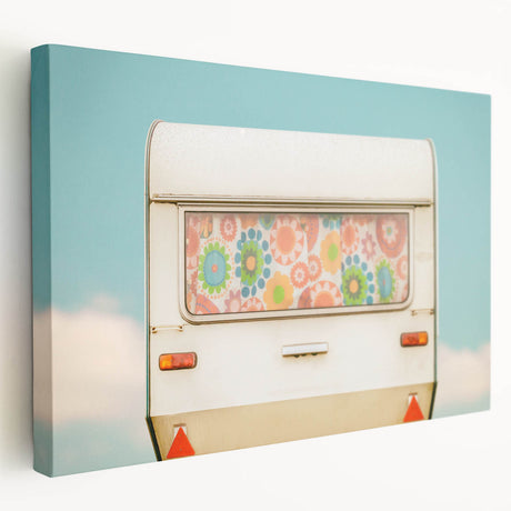 Side view of a vintage caravan on stretched canvas in muted earth tones, suitable for kitchen wall art.