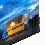 Mid-century modernist acrylic print of a large abstract caravan in muted earth tones, ideal for dining room art.