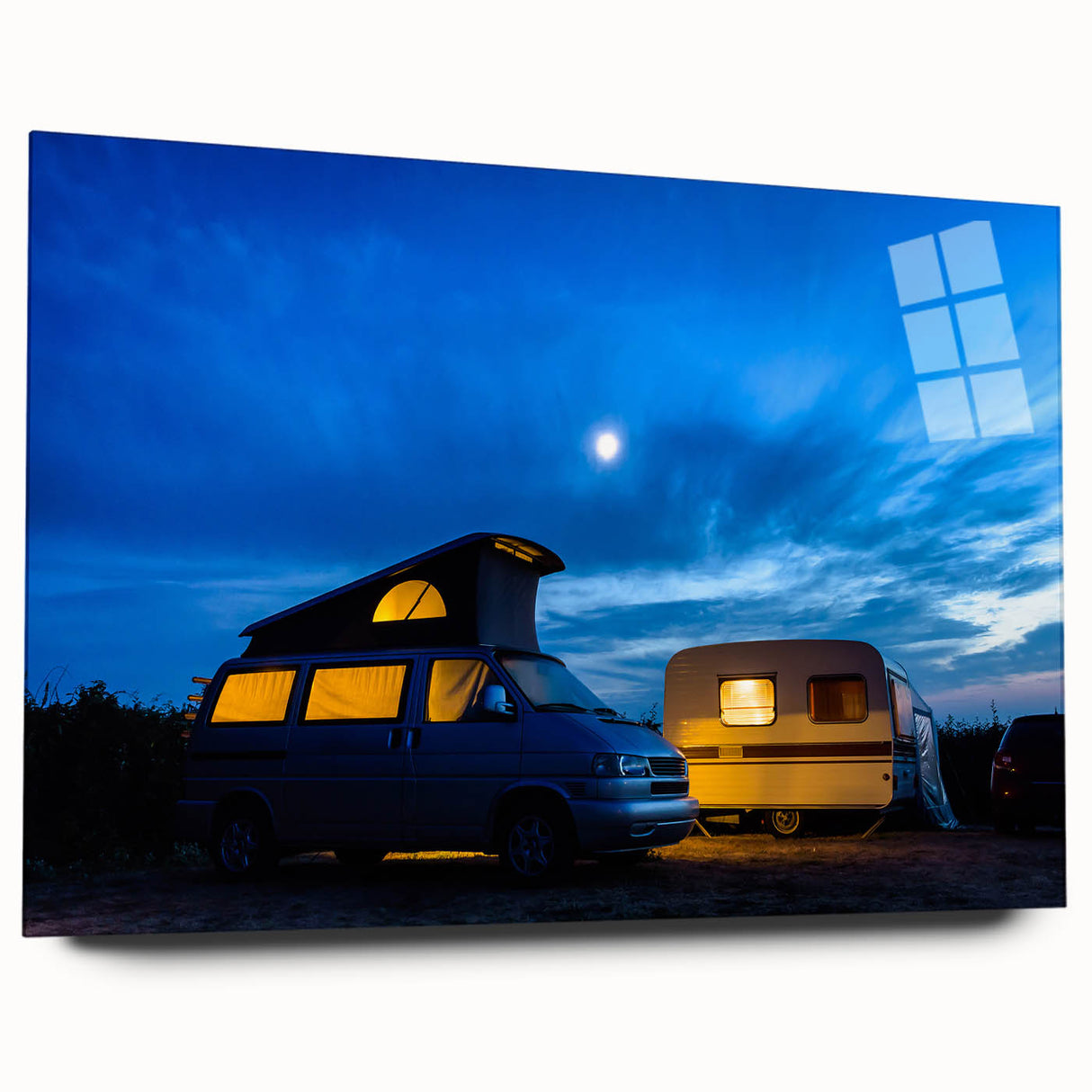 Side view of a caravan depicted in large abstract wall art with vivid colors on acrylic glass.