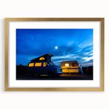 Textured abstract art print of a caravan in muted earth tones on a gold-framed canvas, suitable for bedroom decor.