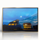 Mid-century modernist art featuring a caravan, in muted gold and brown tones on a framed acrylic.