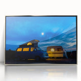 Art deco poster featuring a vintage caravan in silver and gray tones on a framed acrylic, ideal for modern nursery wall art.