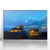 Mid-century modernist caravan illustration in vibrant colors on white acrylic, ideal for nursery wall art.