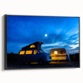 Black and white framed canvas of a vintage caravan in a landscape setting, ideal for bedroom wall art.