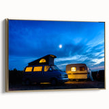 Vintage caravan in a colorful landscape on a framed canvas, ideal for enhancing a living room or hallway decor.