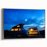 Vintage poster art of a colorful caravan on black framed canvas, ideal for extra large living room wall.