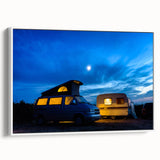Framed canvas featuring a vintage caravan in a landscape, in black and white tones, ideal for bedroom wall art.