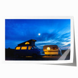 Vintage caravan in a desert landscape on rolled canvas, in muted earth tones, suitable for art wall dining room.