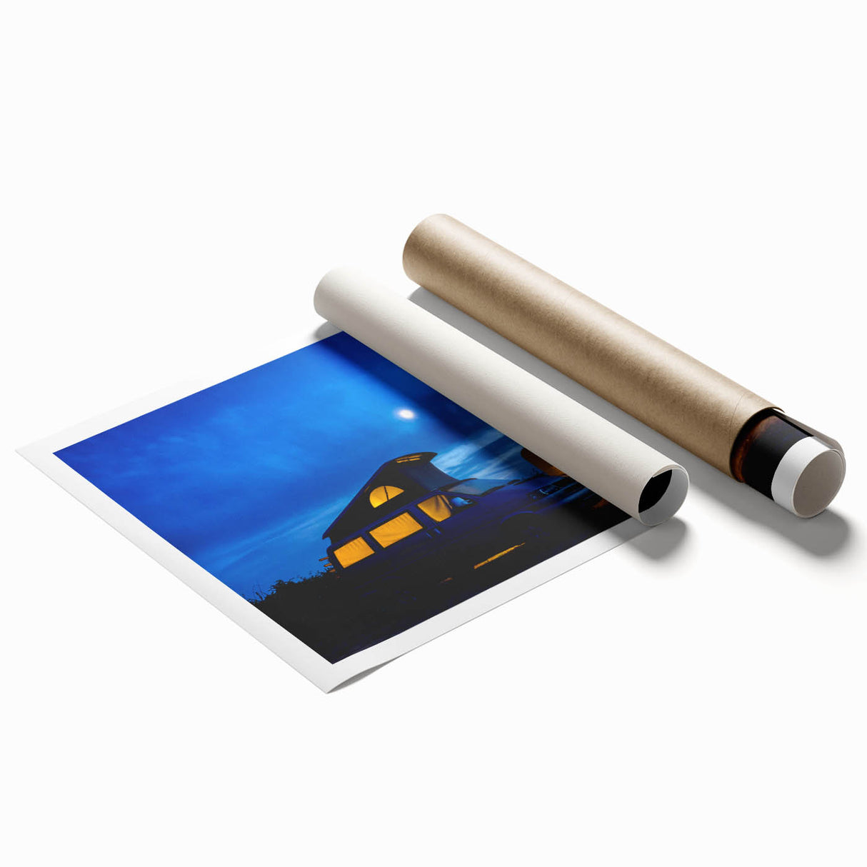 Extra large rolled print featuring a caravan, in muted earth tones, ideal for classy bathroom wall art.