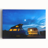 Black and white print of a vintage caravan on stretched canvas, ideal for kitchen wall art.