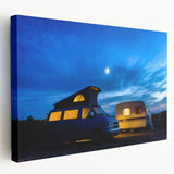Side view of a vintage caravan on rolled canvas in soft pastel colors, suitable for kitchen wall art.