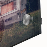 Mid-century modernist acrylic print of abstract vehicles in muted earth tones, ideal for dining room art.