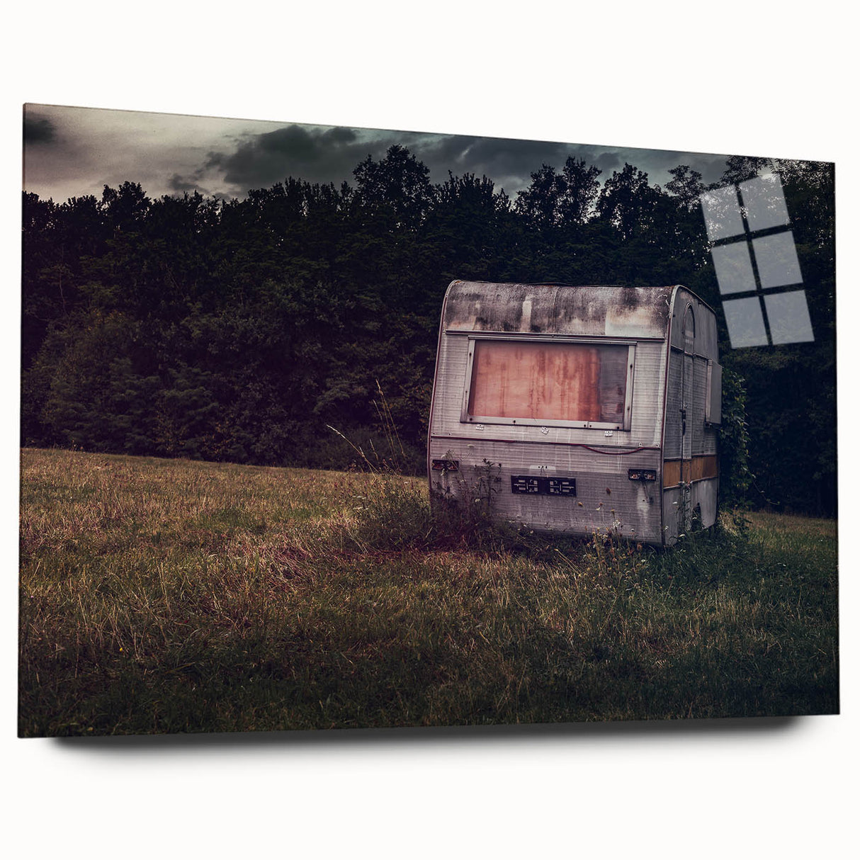 Acrylic print of a large abstract caravan in muted earth tones, ideal for bedroom or dining room art.